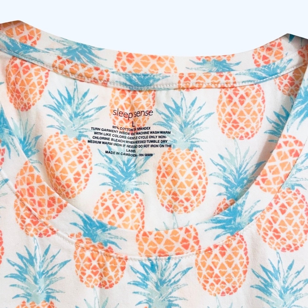 Sleep Sense Women's L Large Sleep PJ Top Short Sleeve Scoop Neck Pineapples Teal - Picture 3 of 10